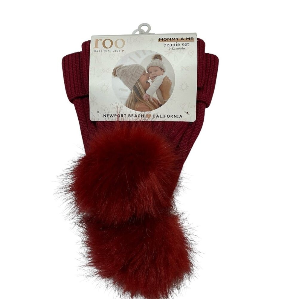Roo Mommy and Me Beanie Set Burgundy Ribbed Knit Faux Fur‎ Pom Pom 0-12 Months
